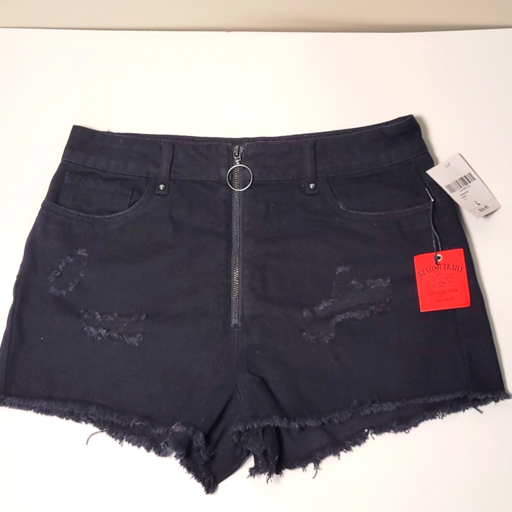 Forever 21 Zip Front Black Denim Distressed High Waist Short Large